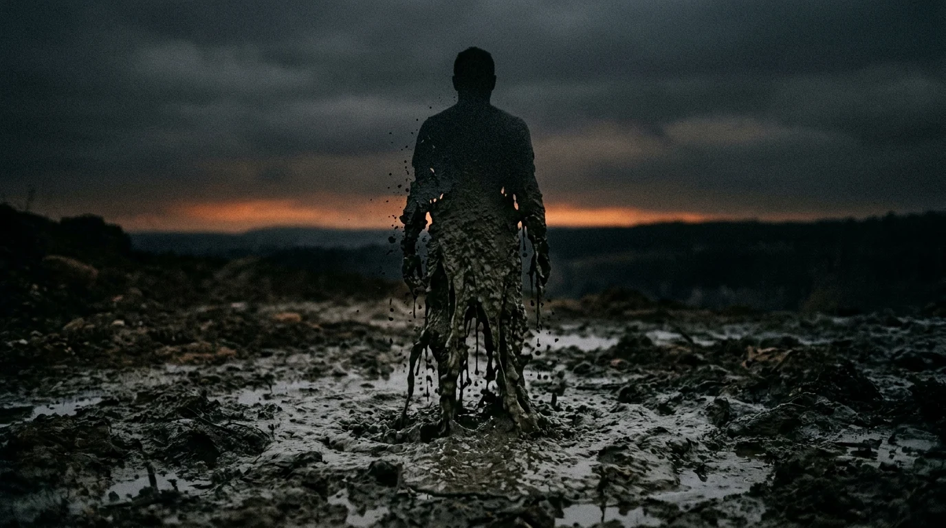 Conceptual art of a silhouette transforming into a liquid substance.