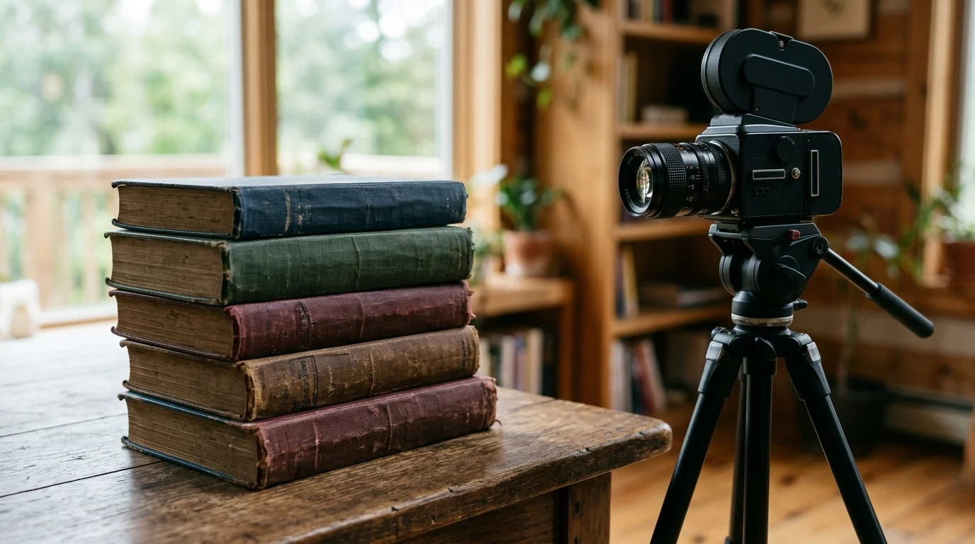 A stack of books next to a professional film camera to represent the adaptation process.