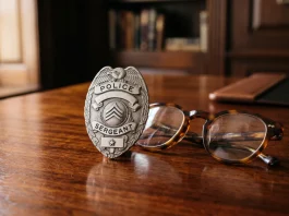 A police sergeant's badge and glasses on a wooden desk representing the Reagan family legacy.