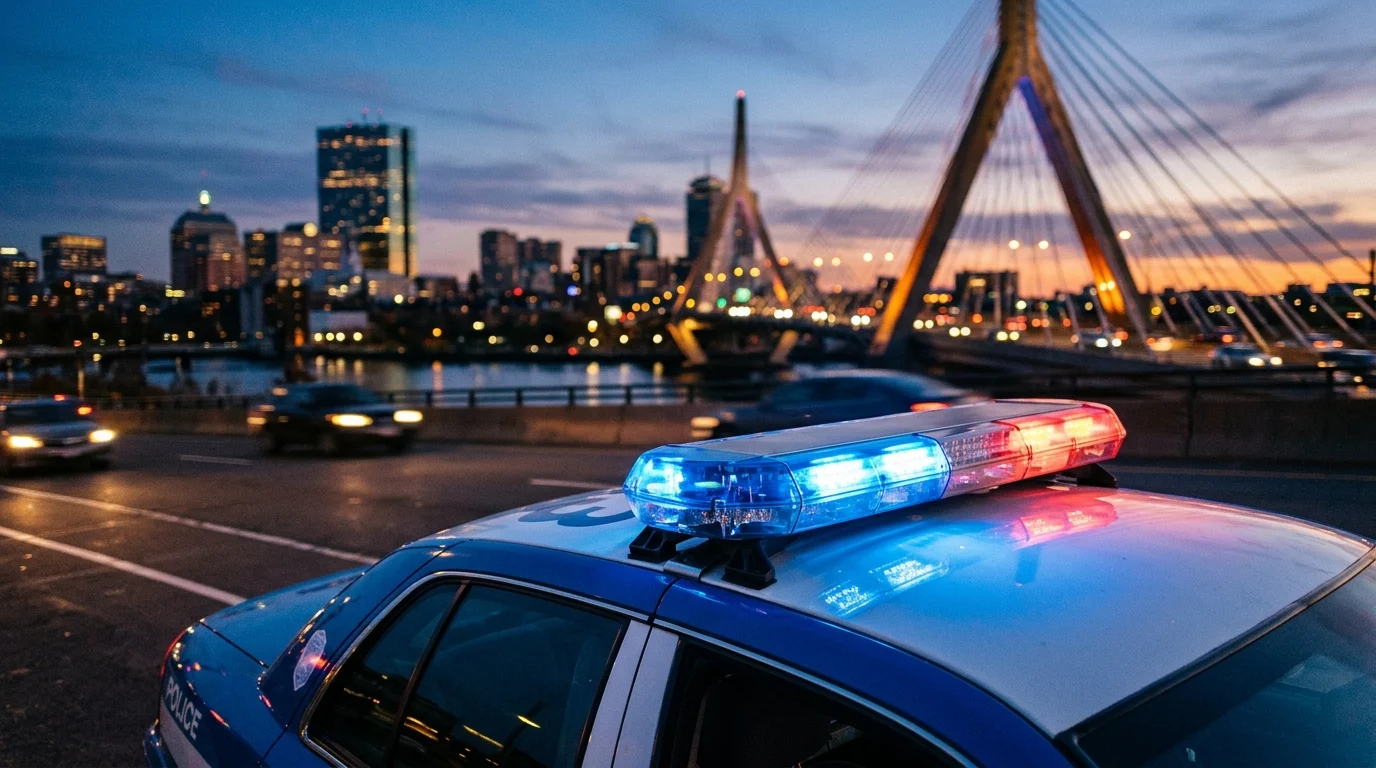 A blurred Boston police car at night with the city skyline.