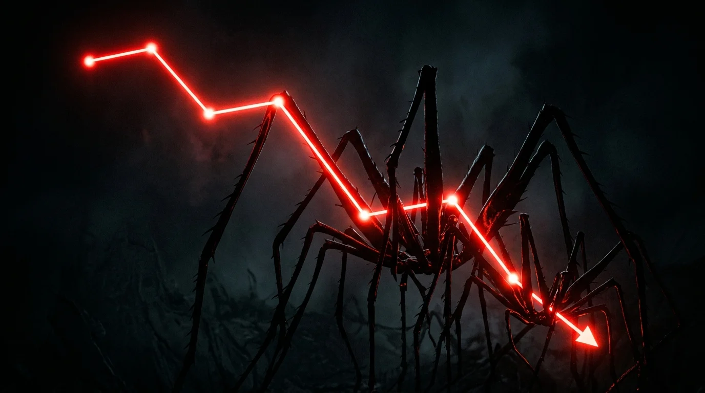 Abstract visualization of a downward financial trend with creature-feature elements.