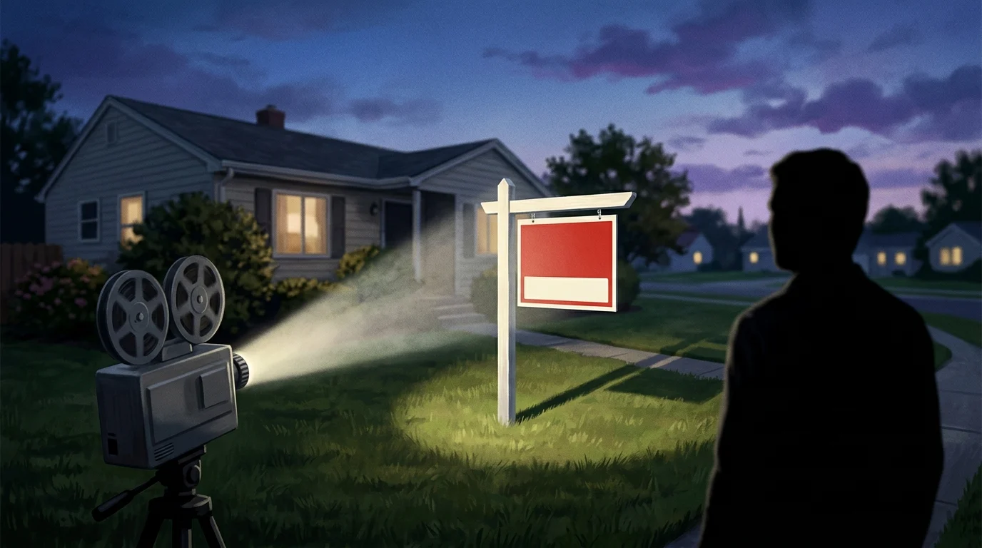 A conceptual image of a movie projector light hitting a house for sale sign.