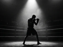 A conceptual silhouette of a boxer under a spotlight in a boxing ring.