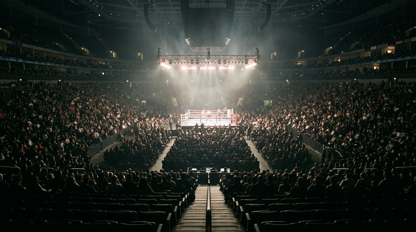 A wide view of a professional boxing ring under bright lights.