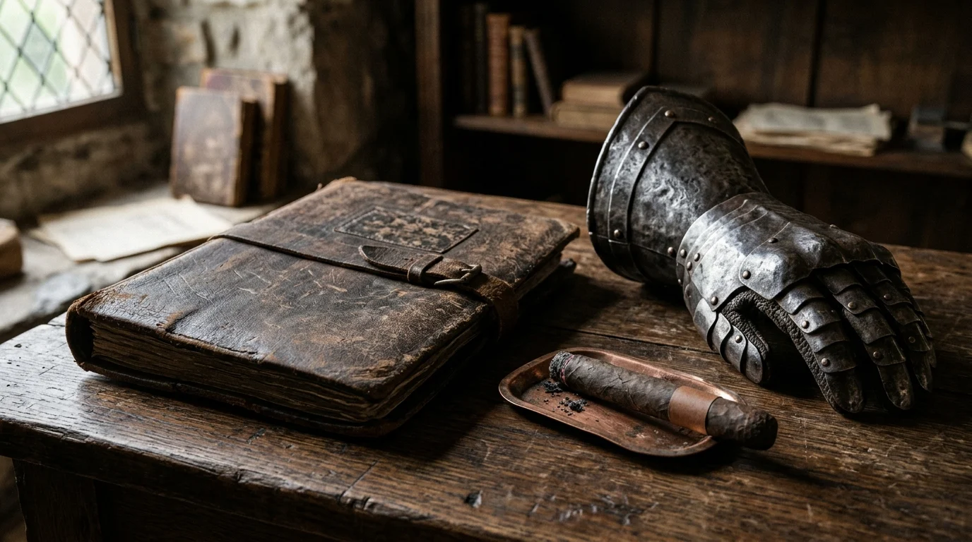 A weathered dossier and a large metal hand on a desk.