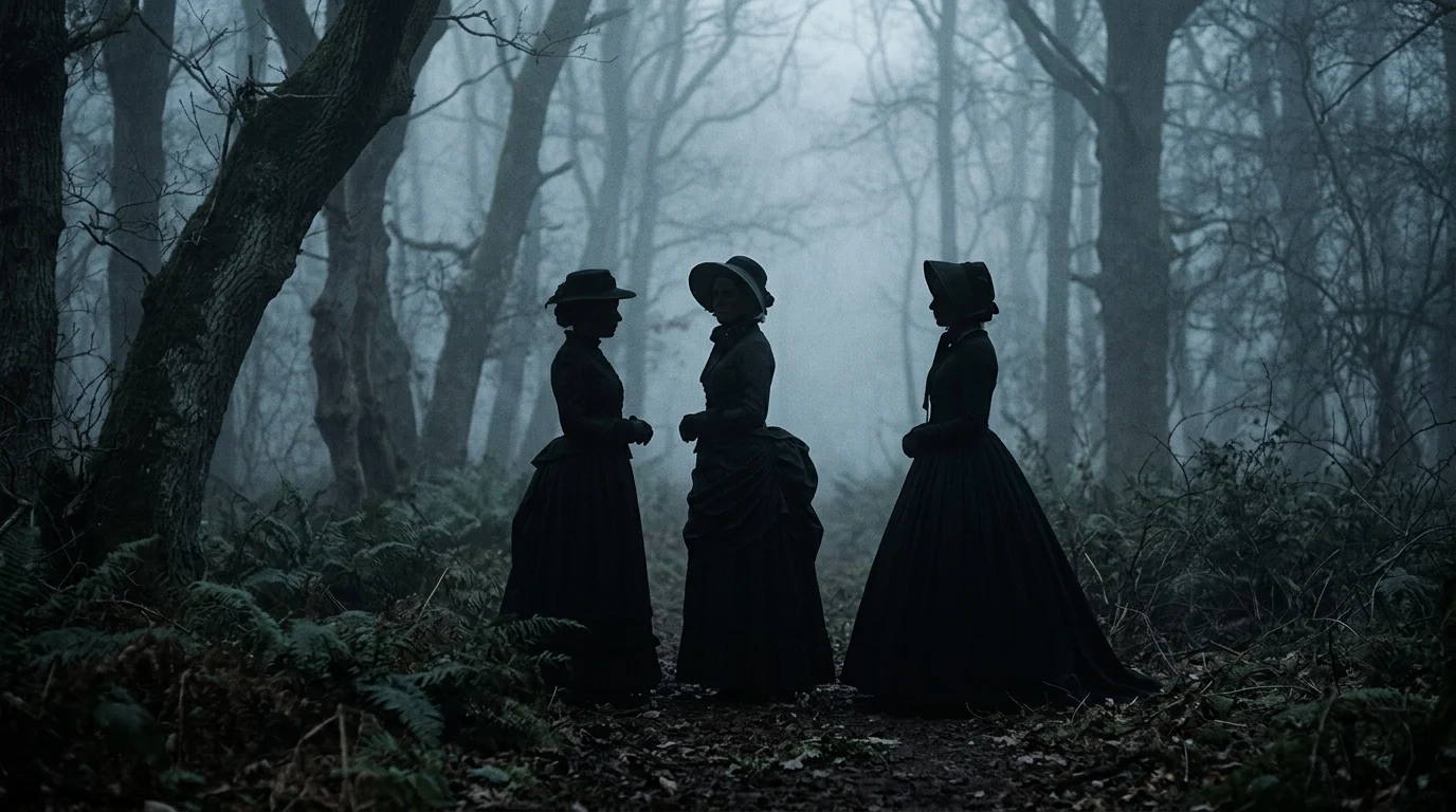Three female silhouettes in 19th-century attire standing in a foggy forest.