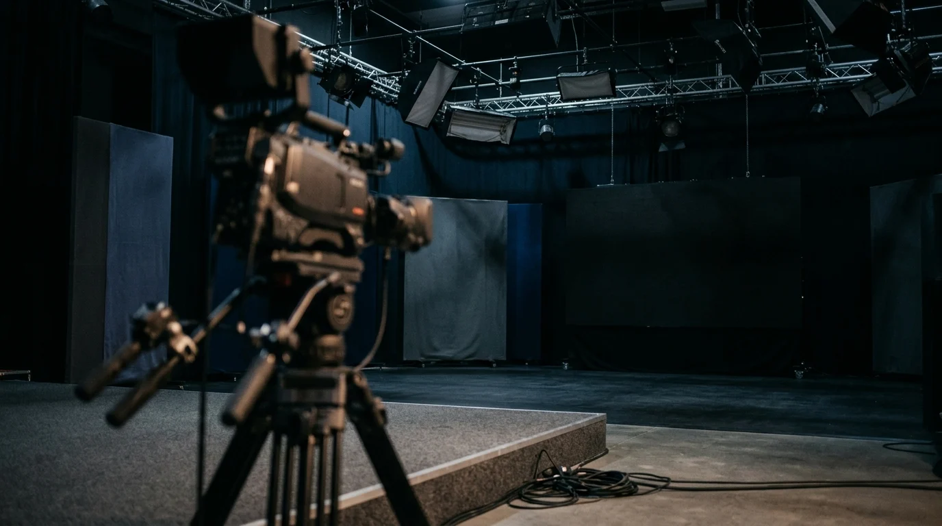 A professional television camera in an empty studio setting.