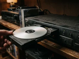 A blank DVD disc being inserted into a physical DVD player.