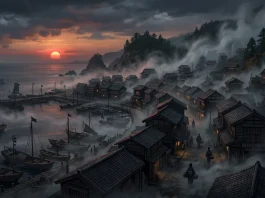A conceptual digital painting of a post-war Japanese village in a misty, cinematic style.