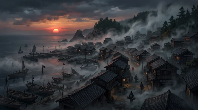 A conceptual digital painting of a post-war Japanese village in a misty, cinematic style.