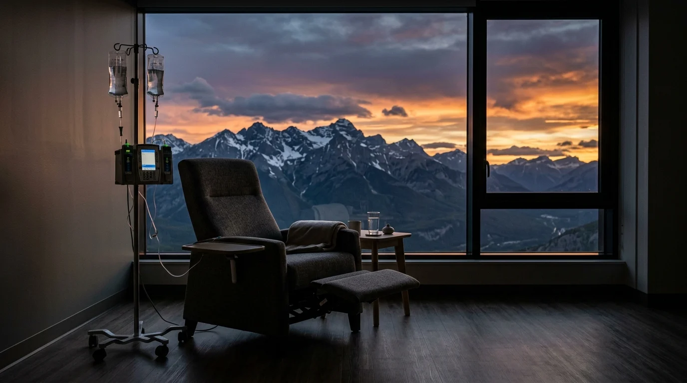 A medical treatment chair positioned against a window showing a mountain landscape.