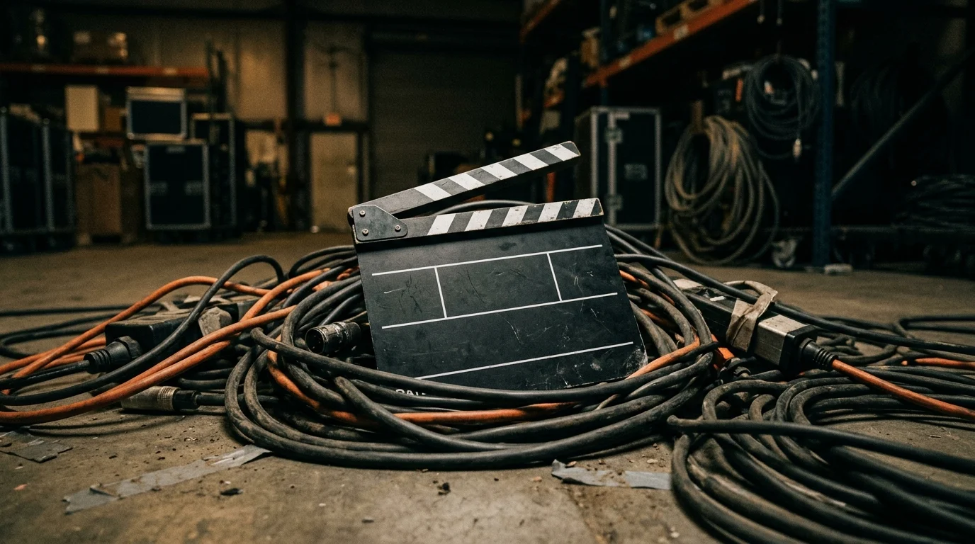 A clapperboard sitting on film equipment in a dark room.