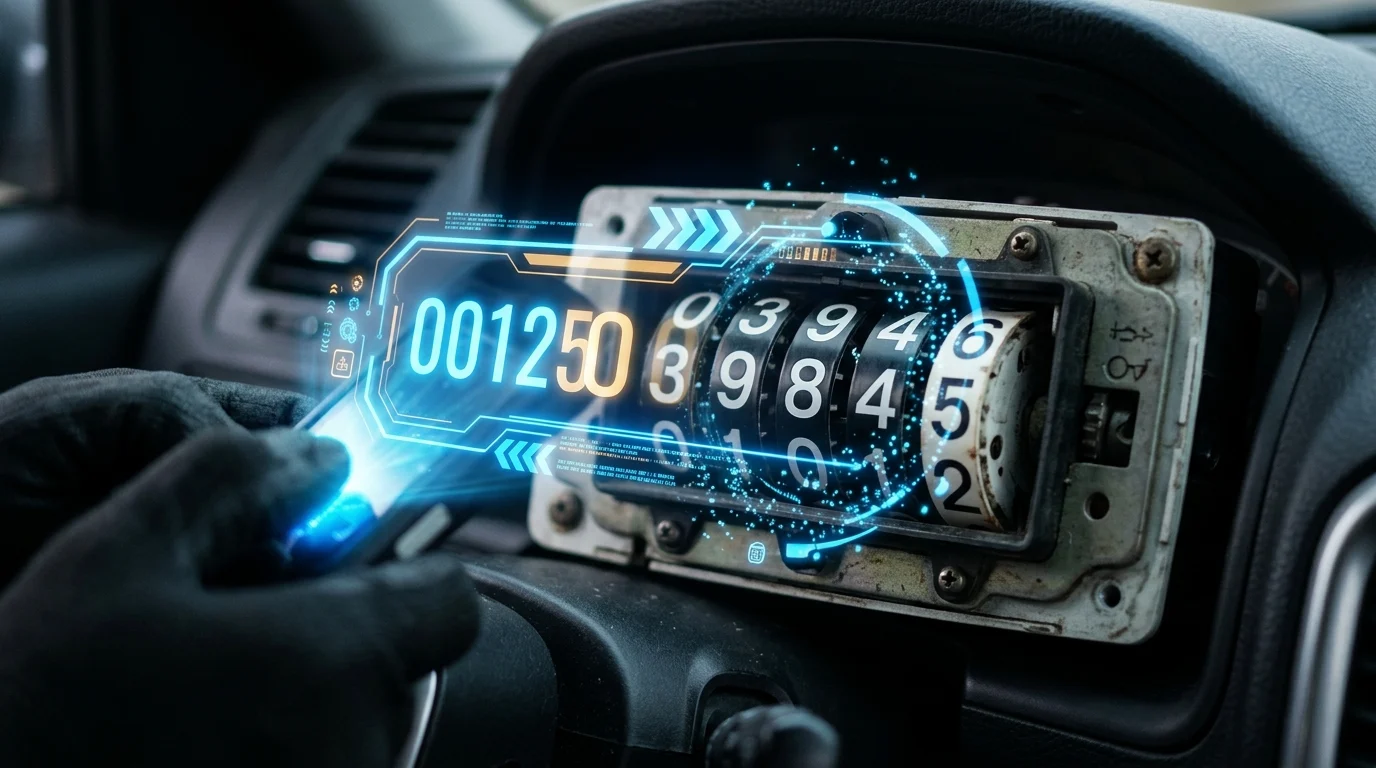 Conceptual image of a car odometer being digitally manipulated.