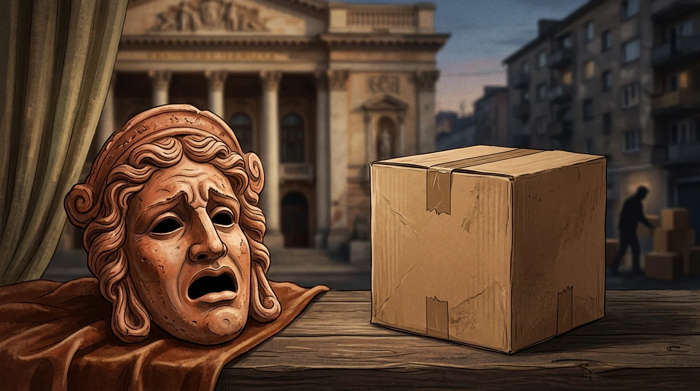 A drama mask next to a moving box.