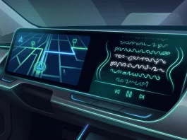 A conceptual car dashboard interface showing music lyrics and navigation maps in a split-screen view.