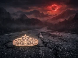 A conceptual image of a tiara on a lonely road under a red moon, symbolizing 's journey.