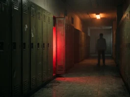 A minimalist, eerie high school hallway with dramatic shadows and a glowing locker.