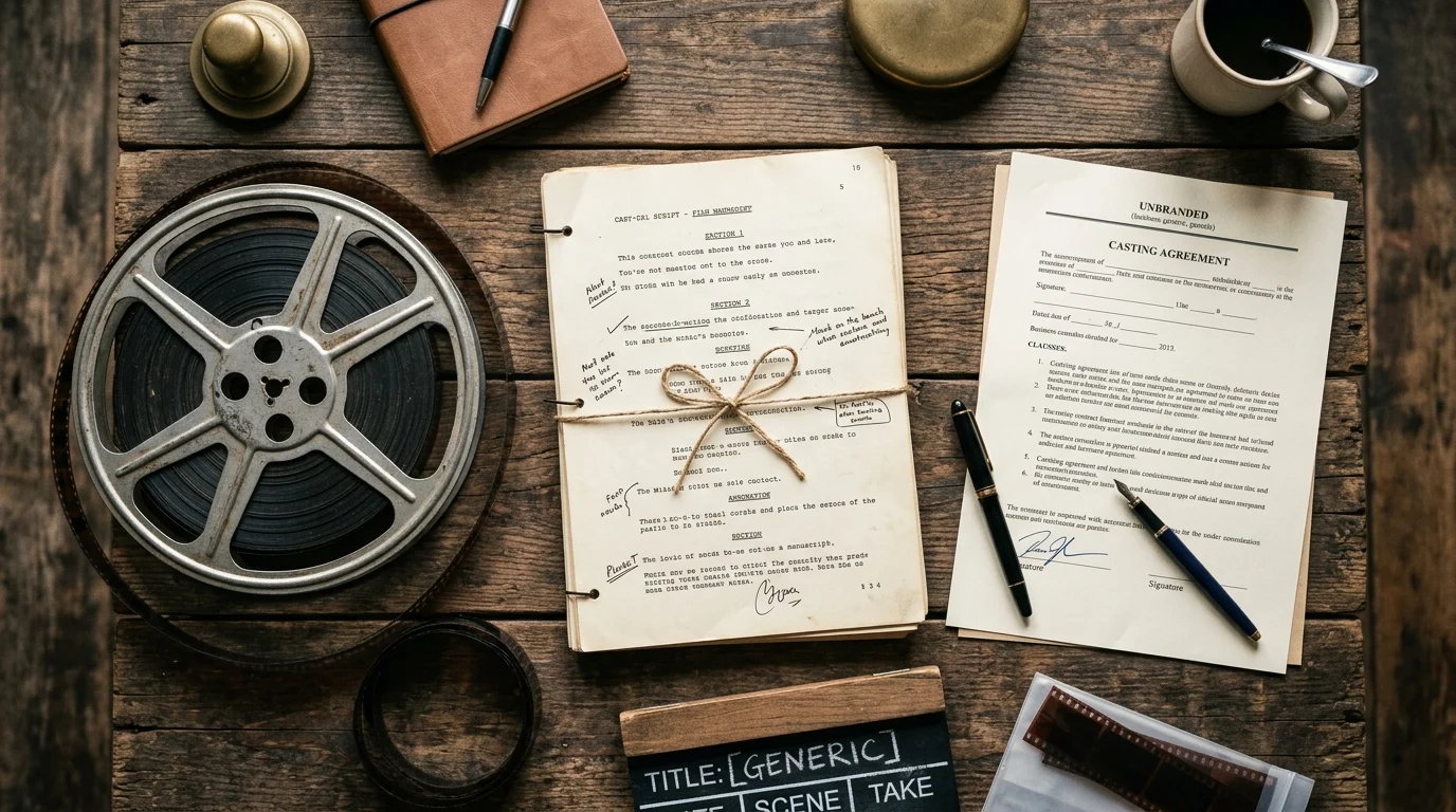 A script and film reel on a desk