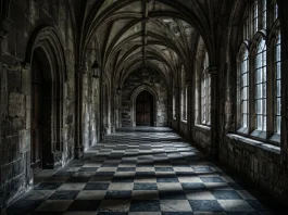 A moody stone corridor in a medieval-style castle.