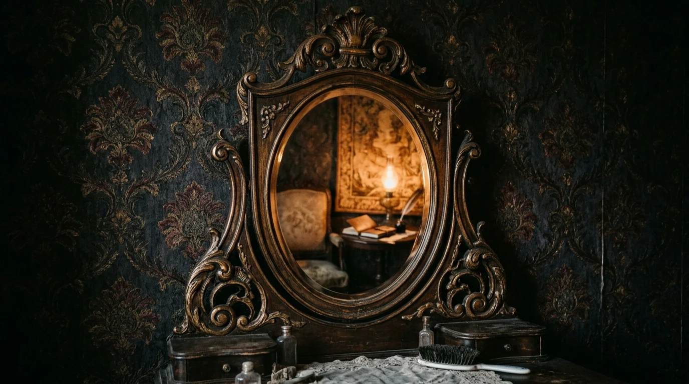 Florence Pugh Explains Why Netflix’s East of Eden Centers on Cathy Ames 1 A conceptual Victorian vanity mirror in a dimly lit room.