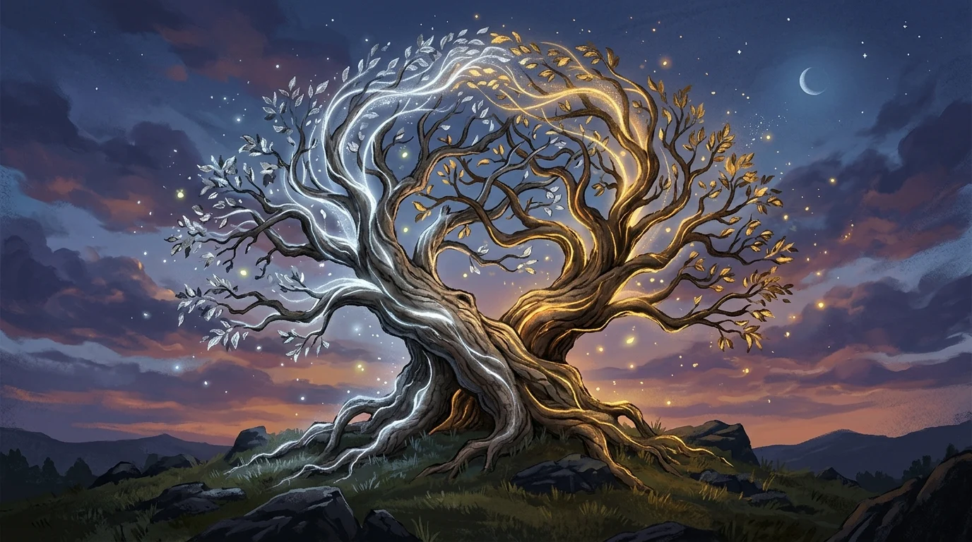 Stylized intertwined glowing silver and gold trees