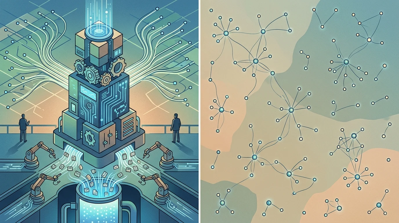 A conceptual diagram comparing centralized server infrastructure with decentralized network nodes.