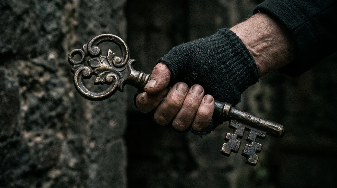 A hand holding an old key in dramatic lighting.