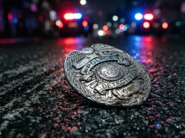 A police badge on a dark street with blurred emergency lights.