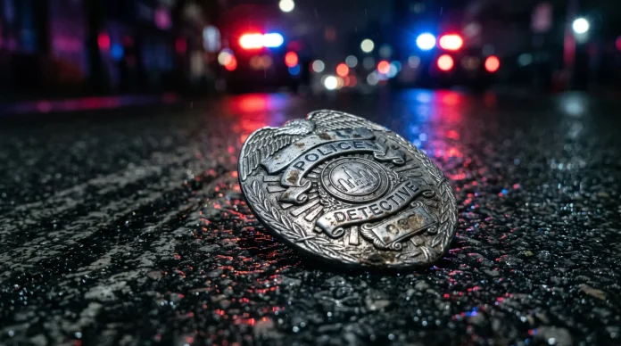 A police badge on a dark street with blurred emergency lights.