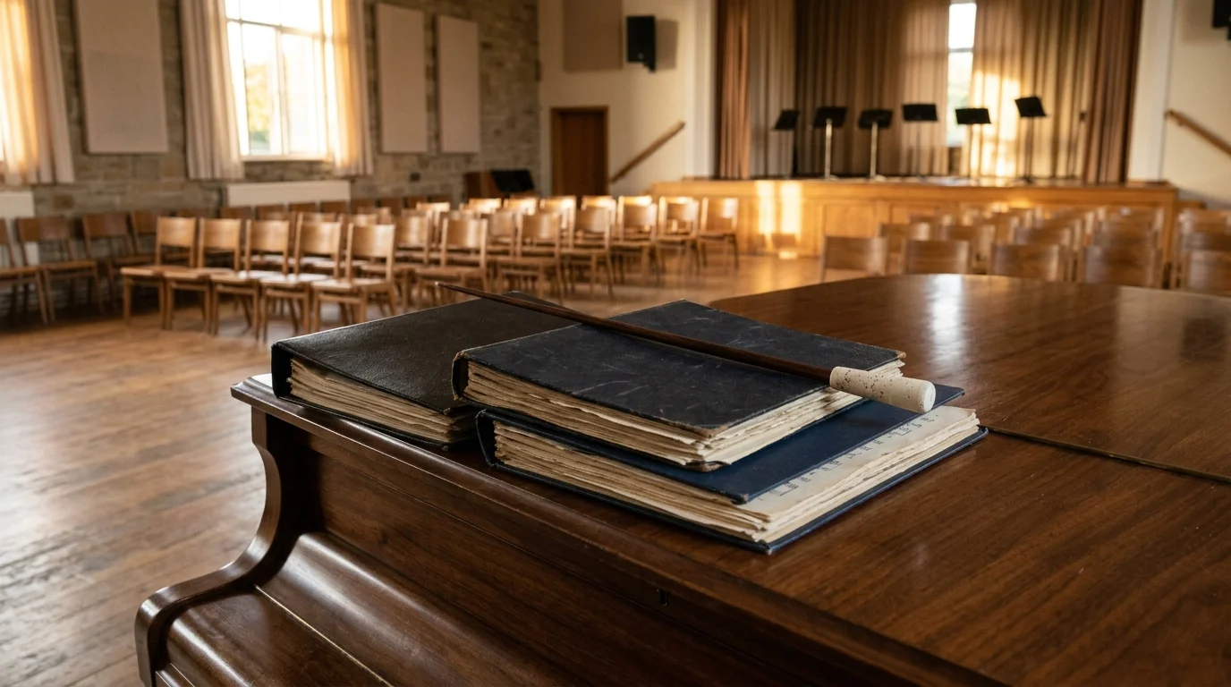 Music folders and a conductor's baton on a piano in a community hall.