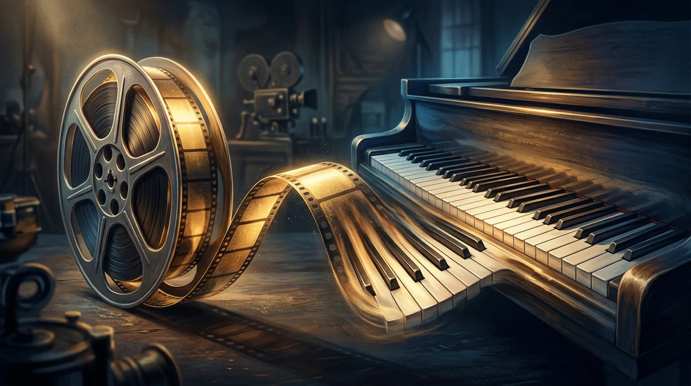 Conceptual art blending a film strip with musical piano keys.