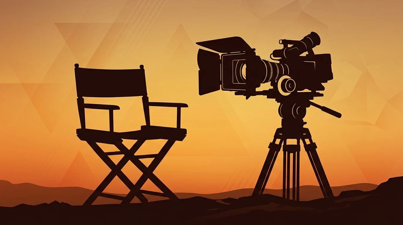 A silhouette of a director's chair and film equipment.