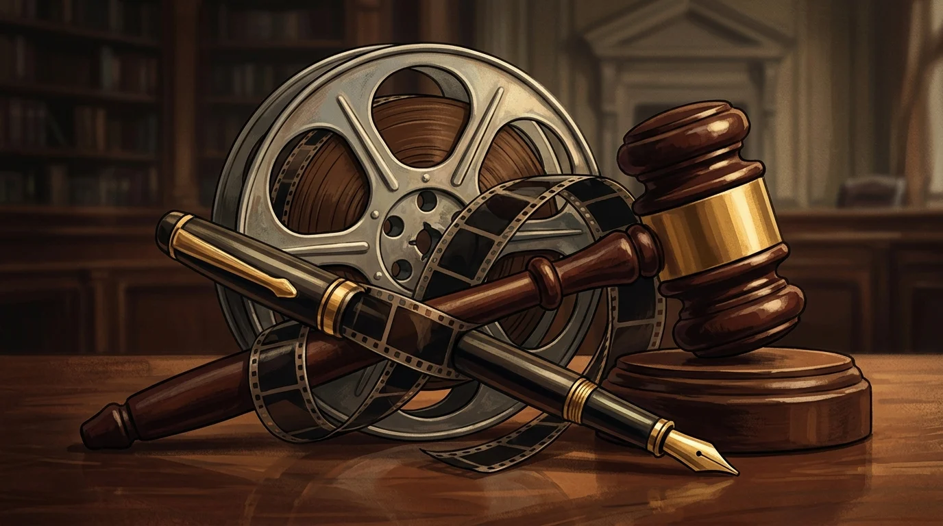 A conceptual visual of film reels and a gavel representing political and legal pressure on media.