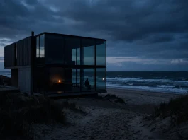 A minimalist modern house at dusk with deep shadows.
