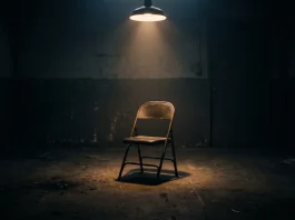A conceptual cinematic image of a spotlight on a chair in a dark room.