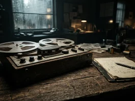 A vintage tape recorder and notepad on a desk in a dark room.