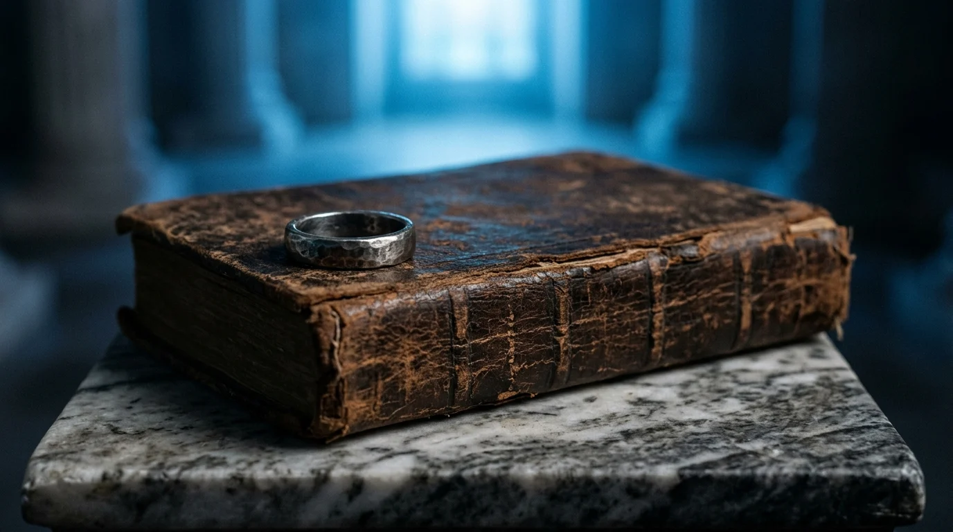 A leather-bound book and a metallic ring on a pedestal under blue light.