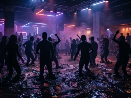 James Watkins Explains Aaron Paul’s Five-Second Cameo in Clayface A dark, neon-lit nightclub with abstract muddy textures swirling on the floor.