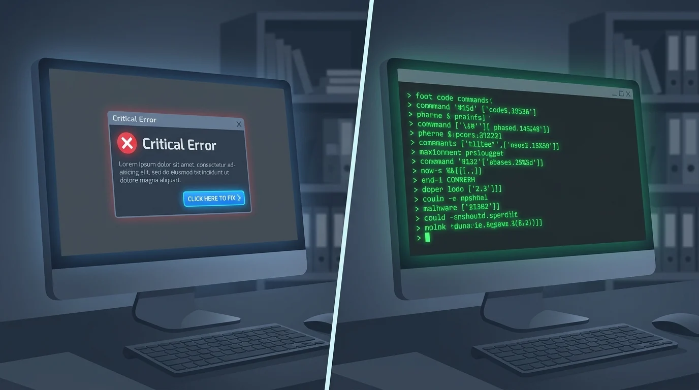 A graphic depicting the social engineering technique involving a fake error message and a terminal window.