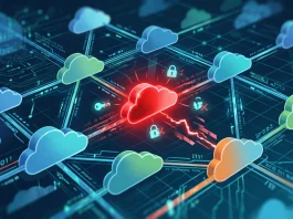 A conceptual digital representation of a cloud security breach and supply chain vulnerability.