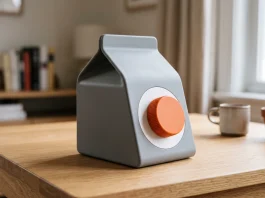 A conceptual portable speaker with a milk carton shape and a large orange knob.
