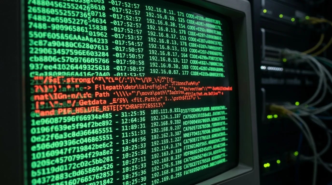 Abstract visualization of unauthorized command injection on a server.