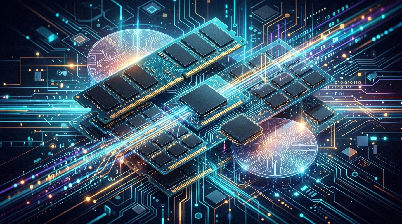 Conceptual image of computer memory and storage components.