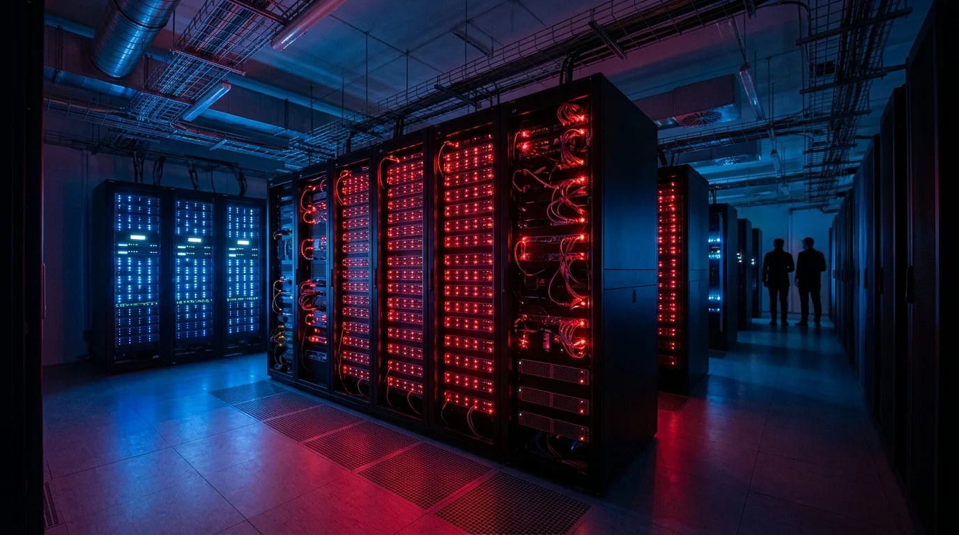 Data center server racks glowing red to indicate a security breach.