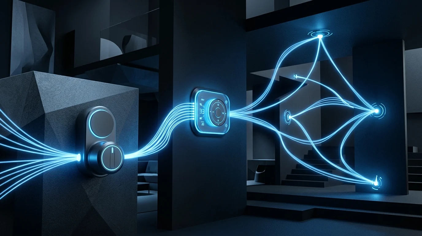 Abstract visualization of a connected smart home ecosystem.