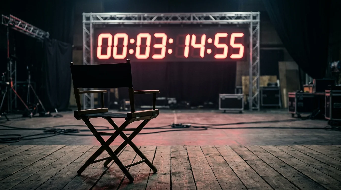 A director's chair in front of a countdown clock.