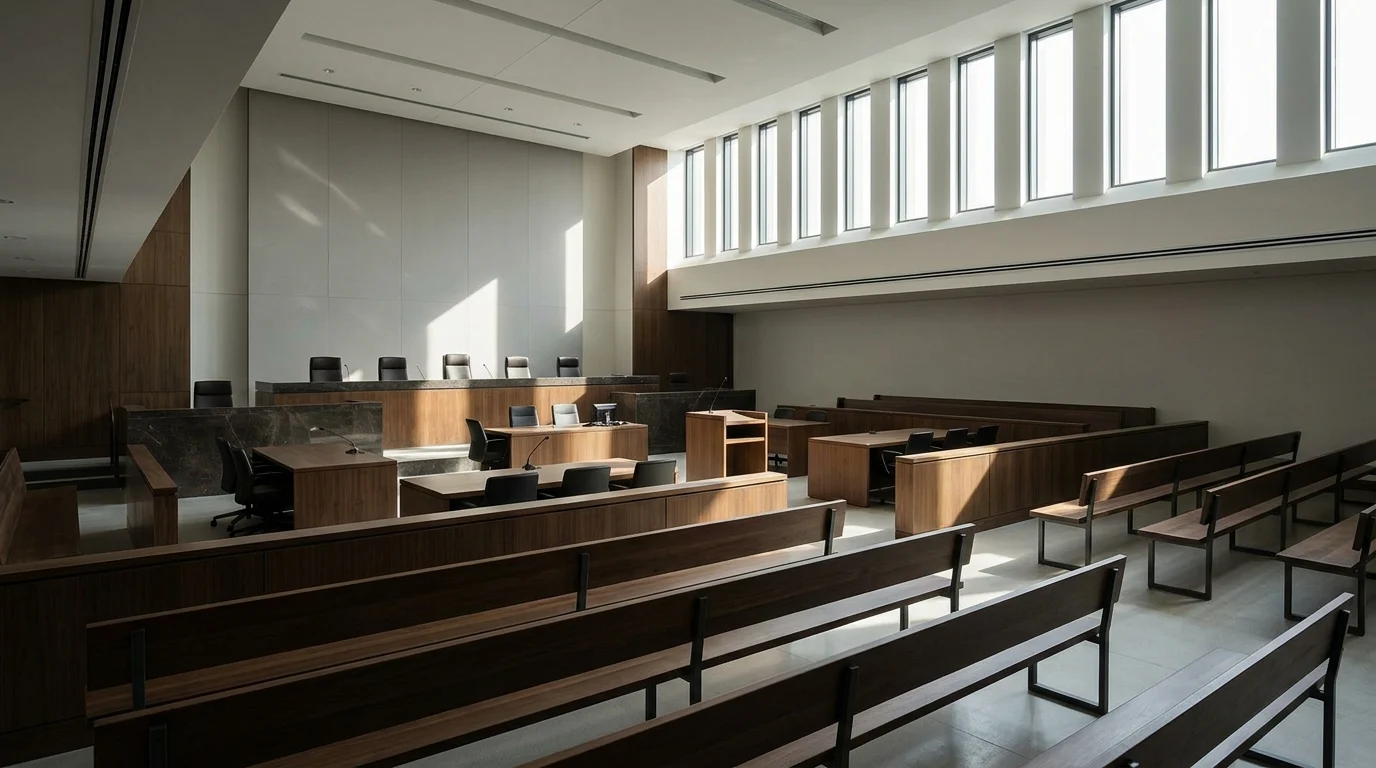 A conceptual interior of an empty courtroom.