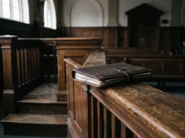 A wooden witness stand and a legal folder in a dramatic courtroom setting.