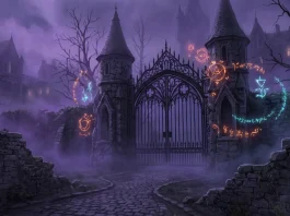 Conceptual art of a supernatural academy gate with magical symbols and purple mist.