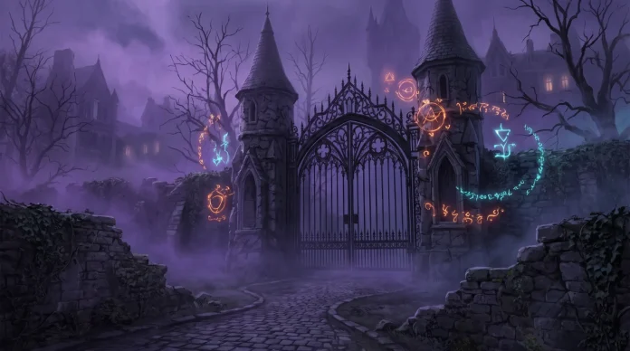 Conceptual art of a supernatural academy gate with magical symbols and purple mist.